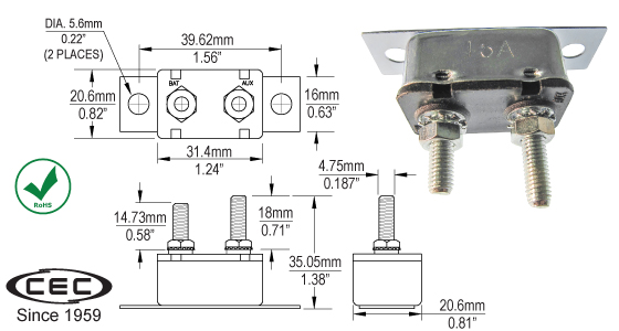 Metal Stud Terminal w/Bracket Circuit Breakers, CB135